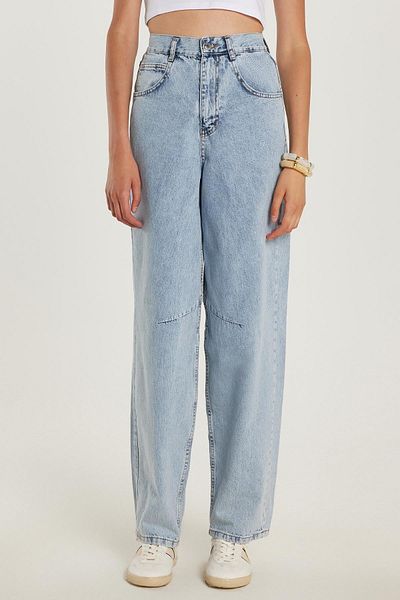 Tudors Women's Regular Fit Buckle Wide Leg Baggy Blue Jean Jeans