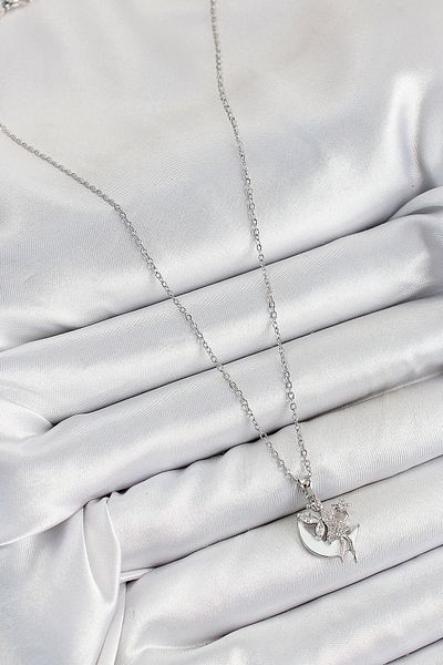 Clariss 316L Steel Zircon Stone Crescent Angel Model Silver Color Women's Necklace