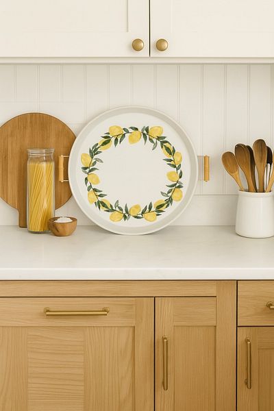 hemlife 37cm Wooden Handle White Lemon Printed Metal Tray Round Tray Tea Tray Presentation Tray