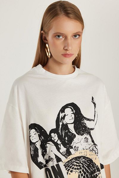 Tudors Tricou ecru imprimat cu mânecă scurtă, 100% bumbac, cu croiala clasică, pentru femei