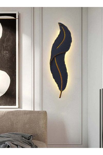 Moonlight Lighting Best Power LED Wall Panel Lighting, Feather Shape, Black Color With Golden Line, Size 64 cm