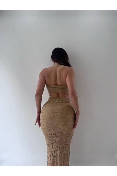 369 etnik butik Seashell Detailed Lace Bandeau Crop & Slit Long Skirt Set