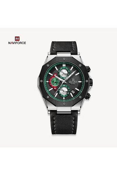 Naviforce Mens Chronograph Sports Watch Green Dial Black Bezel Leather Strap Water Resistant