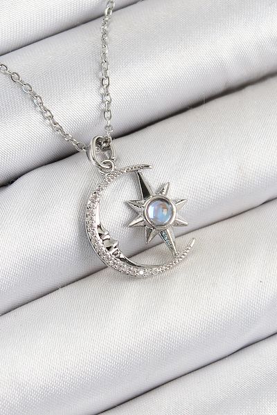 Clariss 316L Steel Zircon Stone Pole Star Crescent Model Silver Color Women's Necklace