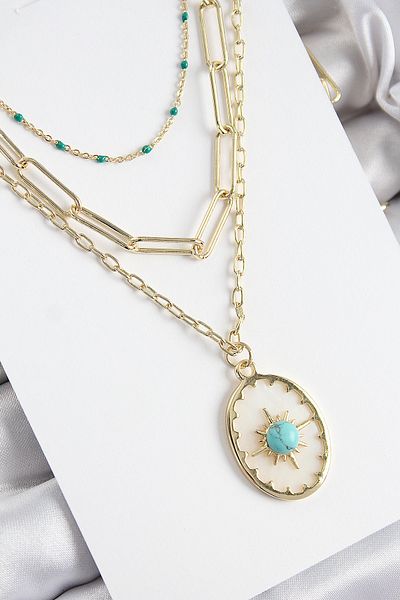 MÇ Plus Brass Multi Chain Blue Beaded Compass Model Gold Color Women's Necklace
