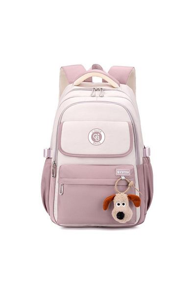 tiny wood Girl's Primary School Bag – Waterproof Fabric with Plush Keychain Black-Powder-Grey Pink