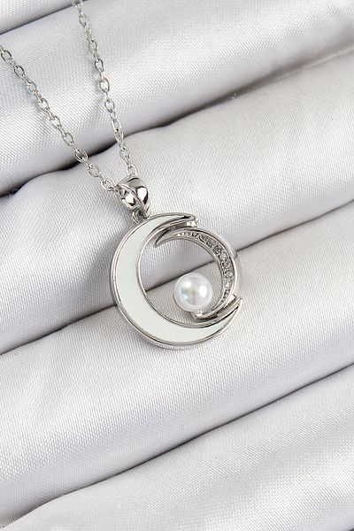 Clariss 316L Steel Zircon Stone Pearl Detailed Crescent Model Silver Color Women's Necklace