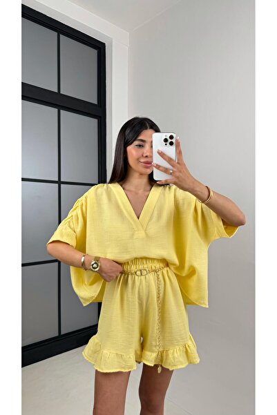 Gaus Sarı Kol Drapeli V Yaka Gömlek Beli Lastikli Fırfırlı Şort Müslin Takım ...