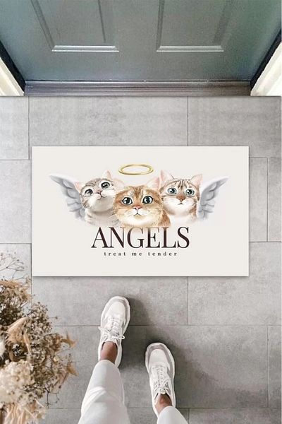 Mu Art Ahşap Home White Door Mat Angels Cats Pattern K-3343