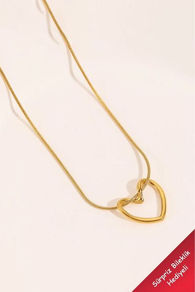 Nehir Women's Stainless Steel Gold Italian Chain Heart Pendant Knot Steel Necklace