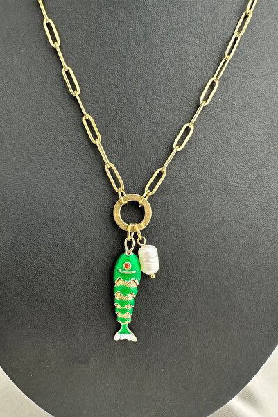 Modex Steel Pearl Detail Enamel Fish Bone Necklace (46cm)