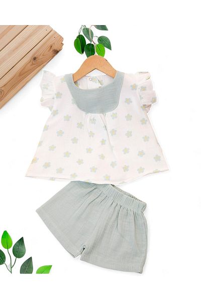 Ege Bebek Baby Girl Summer Muslin Set / Baby Girl Set with Daisy Printed Collar Detail and Shorts