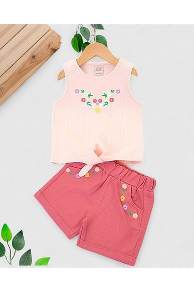 VOY KİDS Girl's Summer Zero Sleeve Shorts 2-3-4-5-6 Years Printed Bottom Top Set