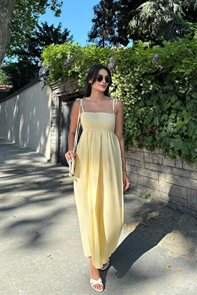 oshebu Sarı – Pamuklu Uzun Yazlık Kadın Elbise – Omuzdan Bağlamalı Askılı Büzgülü Astarsız