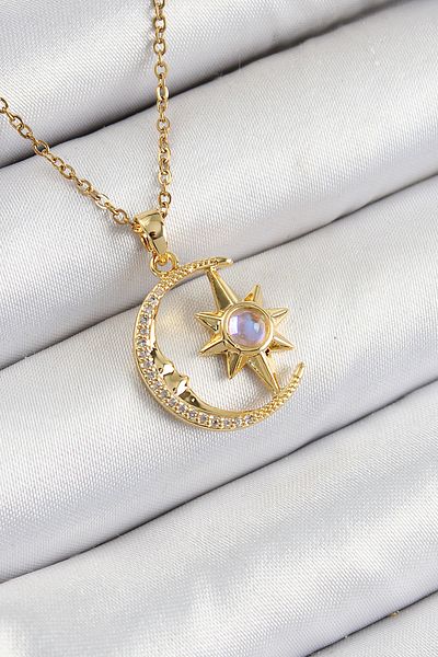 Clariss 316L Steel Zircon Stone Pole Star Crescent Model Gold Color Women's Necklace