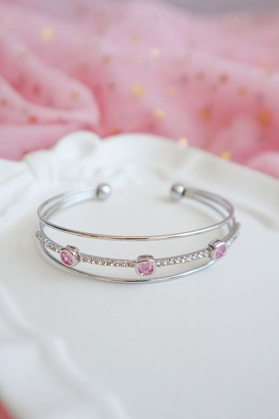 EFBUTİK Silver Pink Square Stone Cuff Bracelet
