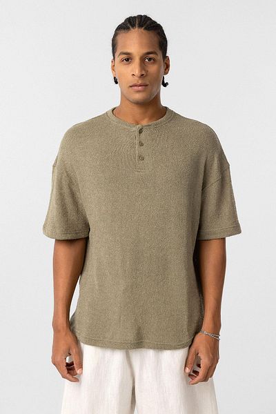 VAMOSCLO Basic Oversize Button Collar T-Shirt Khaki