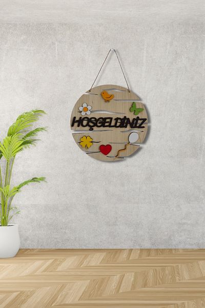 Kutaydan Welcome Written Round Mdf Laser Cut Door and Wall Decoration - Maple Wood