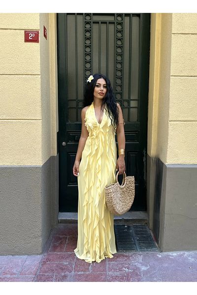 moneta boutique Rochie de damă cu volane lungi cu design Halter