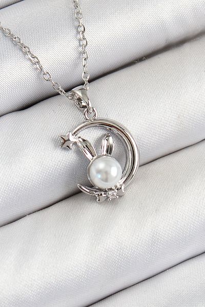 Generic 316L Steel Pearl Detailed Crescent Rabbit Model Silver Color Women's Necklace