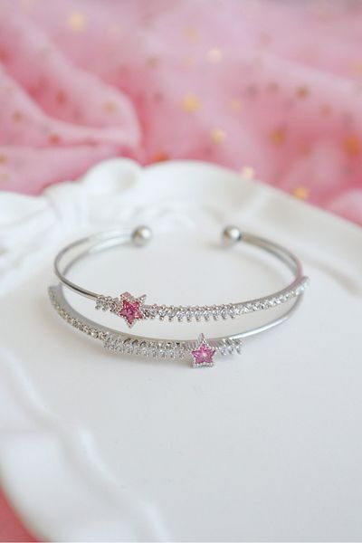 EFBUTİK Silver Pink Stone Mini Star Bracelet