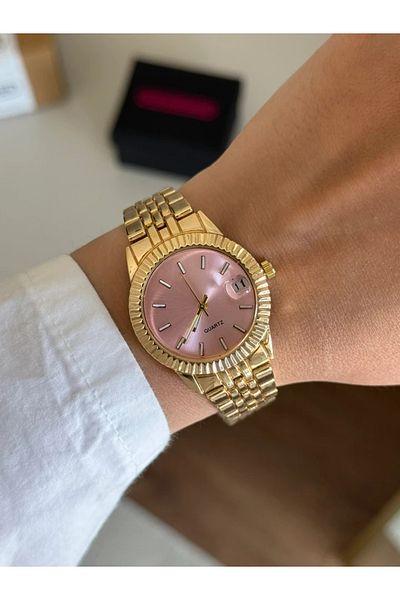 RoseandRoses Olenda Round Serrated Case Women's Wristwatch Gold (Pink Dial)