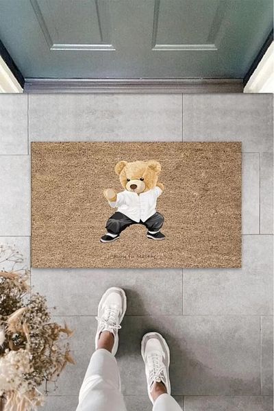 Mu Art Ahşap Beige Door Mat Karate Teddy Bear Pattern K-3341