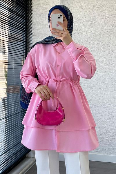 MELEK ARAZ Waist-Tie Double Layer Flounce Tunic - Pink
