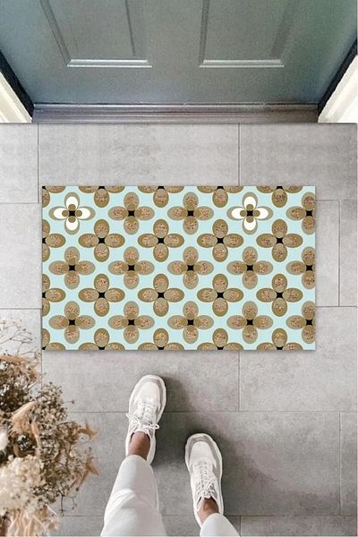 Mu Art Ahşap Turquoise Door Mat Flower Pattern K-3259