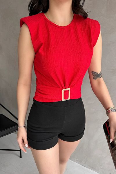 OLSAMODA Women's Textured Fabric Blouse with Buckle Detail
