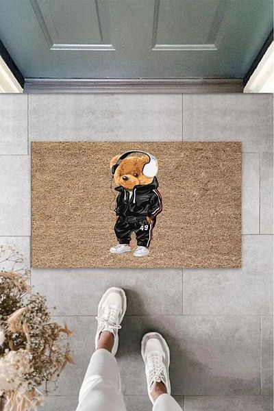 shop Beige Door Mat with Headphones Teddy Bear Pattern K-3347