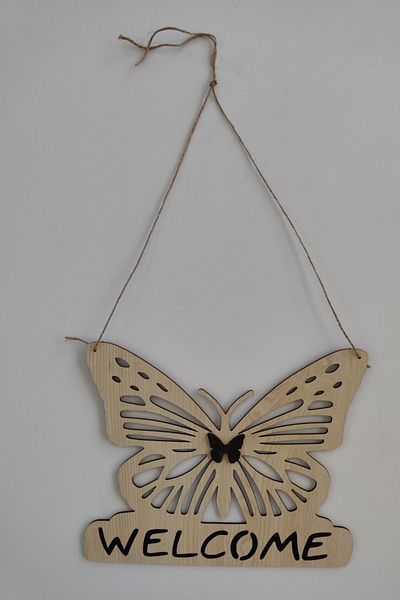 Kutaydan Wolcome Written Butterfly Figured Mdf Laser Cut Door and Wall Ornament - Maple Wood
