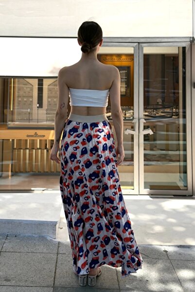 lodmela Elastic Waist Pleated Skirt 6029 Beige/Navy Blue