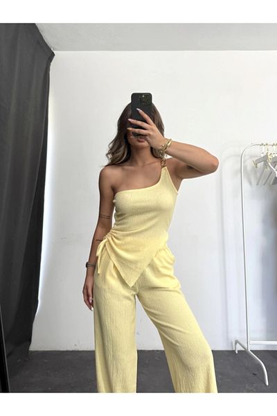 SEVENLINE Women's One Sleeve Side Gathered Blouse Asymmetrical Bottom Top Set