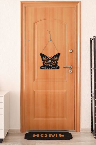 Kutaydan Welcome Written Butterfly Figured Mdf Laser Cut Door and Wall Decoration - Rebap Ahşap