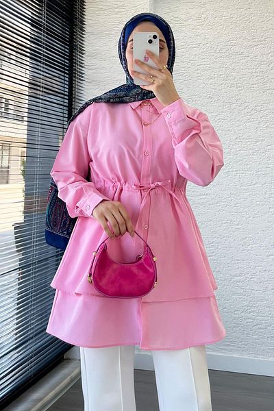 MELEK ARAZ Waist-Tie Double Layer Flounce Tunic - Pink