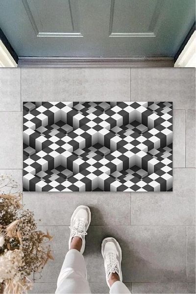 Mu Art Ahşap Digital D Square Black-White Door Mat Outdoor Mat K-3161