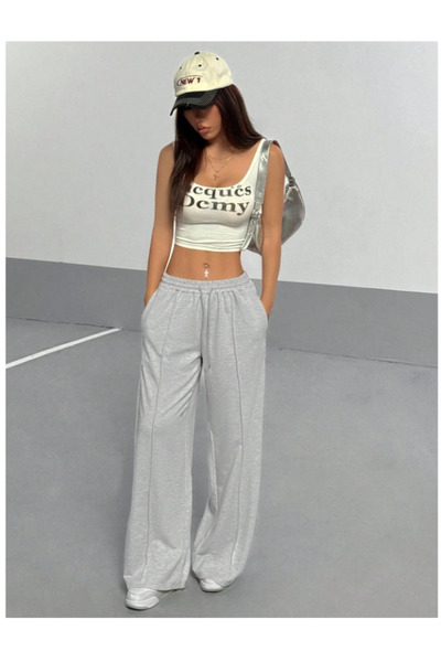 LOSSİA Γυναικείο γκρι φαρδύ παντελόνι φόρμας με μπροστινό κούμπωμα, μεγάλο μέ...