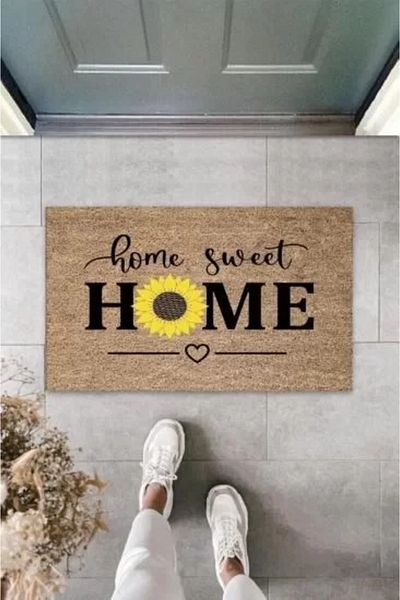 Mu Art Ahşap Beige Door Mat Home Sweet Home Daisy Pattern K-3342