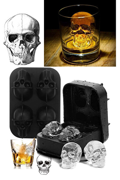 Shopura 3D Kafatası Silikon Buz Kalıbı | 4 Bölmeli Esnek Silikon Kalıp | Şeki...