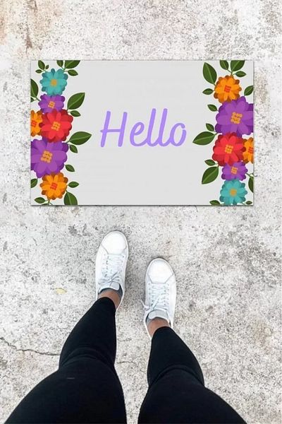 Mu Art Ahşap Digital Printing Light Blue Flower Pattern Door Mat K-1002