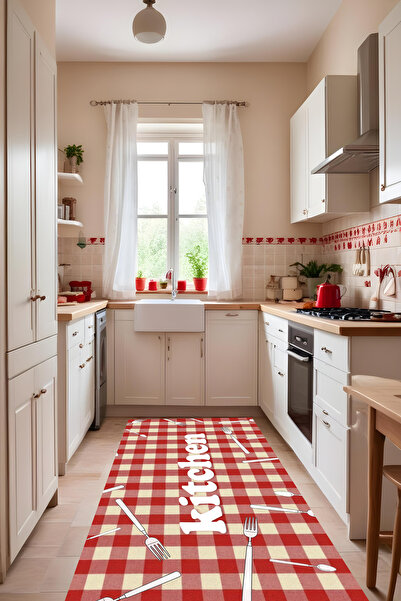 Liriya Dijital Baskı Kırmızı Krem Karo Desenli Kaymaz Taban Leke Tutmaz Yıkanabilir Mutfak Halısı ve Yolluk