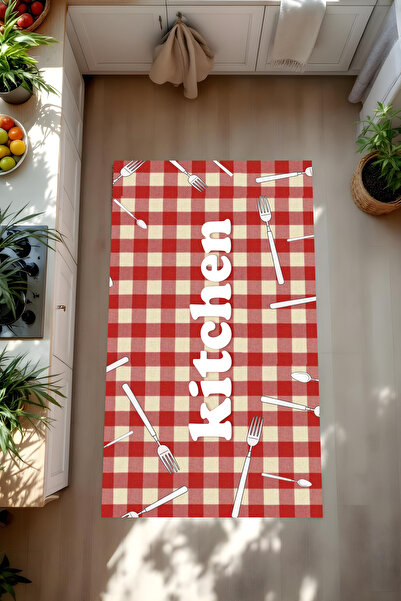 Liriya Dijital Baskı Kırmızı Krem Karo Desenli Kaymaz Taban Leke Tutmaz Yıkanabilir Mutfak Halısı ve Yolluk