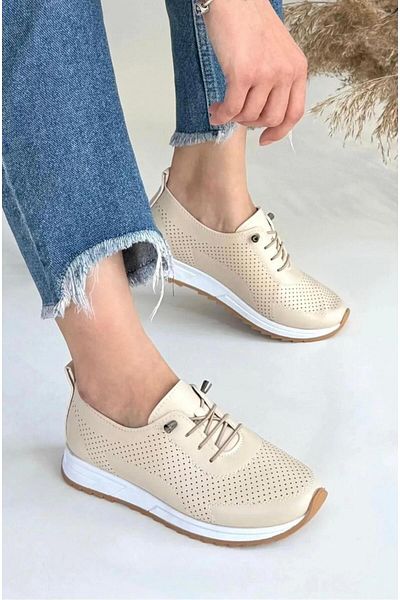 Saks Gardrop Orthopedic Sole Daily Soft Comfortable Women's Beige Skin Drawstring Laser Ballerina Shoes