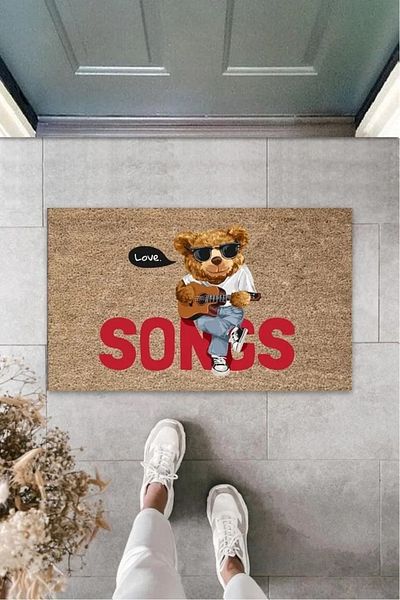 Mu Art Ahşap Digital Song Beige Door Mat with Teddy Bear Outdoor Door Mat K-3163