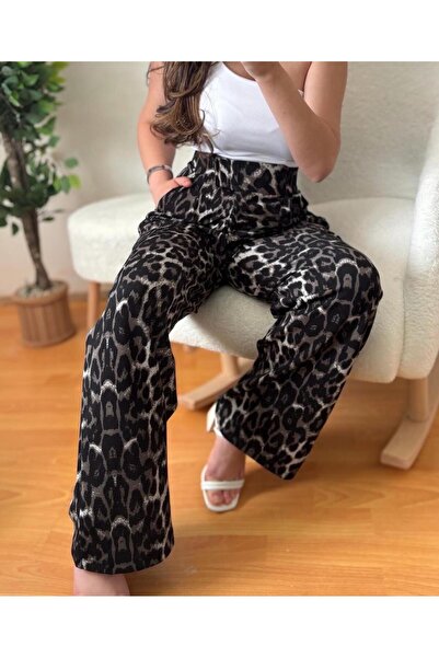 Meltemcebutik Kadın Leopar Desenli Cırt Kapama Cepli Palazzo Pantolon