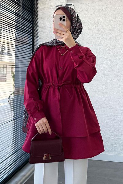 MELEK ARAZ Waist-Tie Double Layer Flounce Tunic - Claret Red