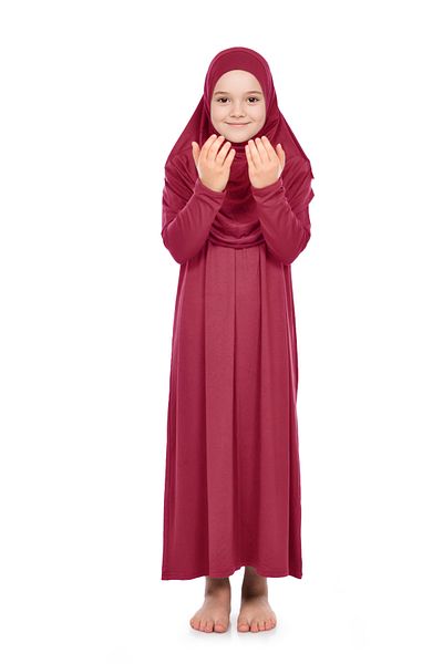 ihvanonline Practical Headscarf One Piece Girl's Prayer Dress 9-11 Years Old Red