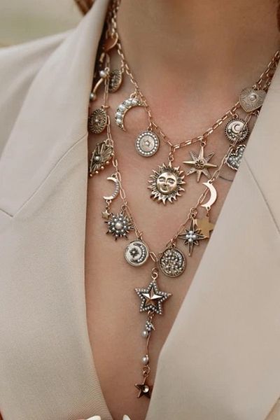 Modex Multi-Figured Gold Color Necklace with Moon, Star and Sun Detail