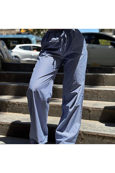 VibeGaia Women's Blue White Striped High Waist Lace-Up Casual Cut Summer Trousers